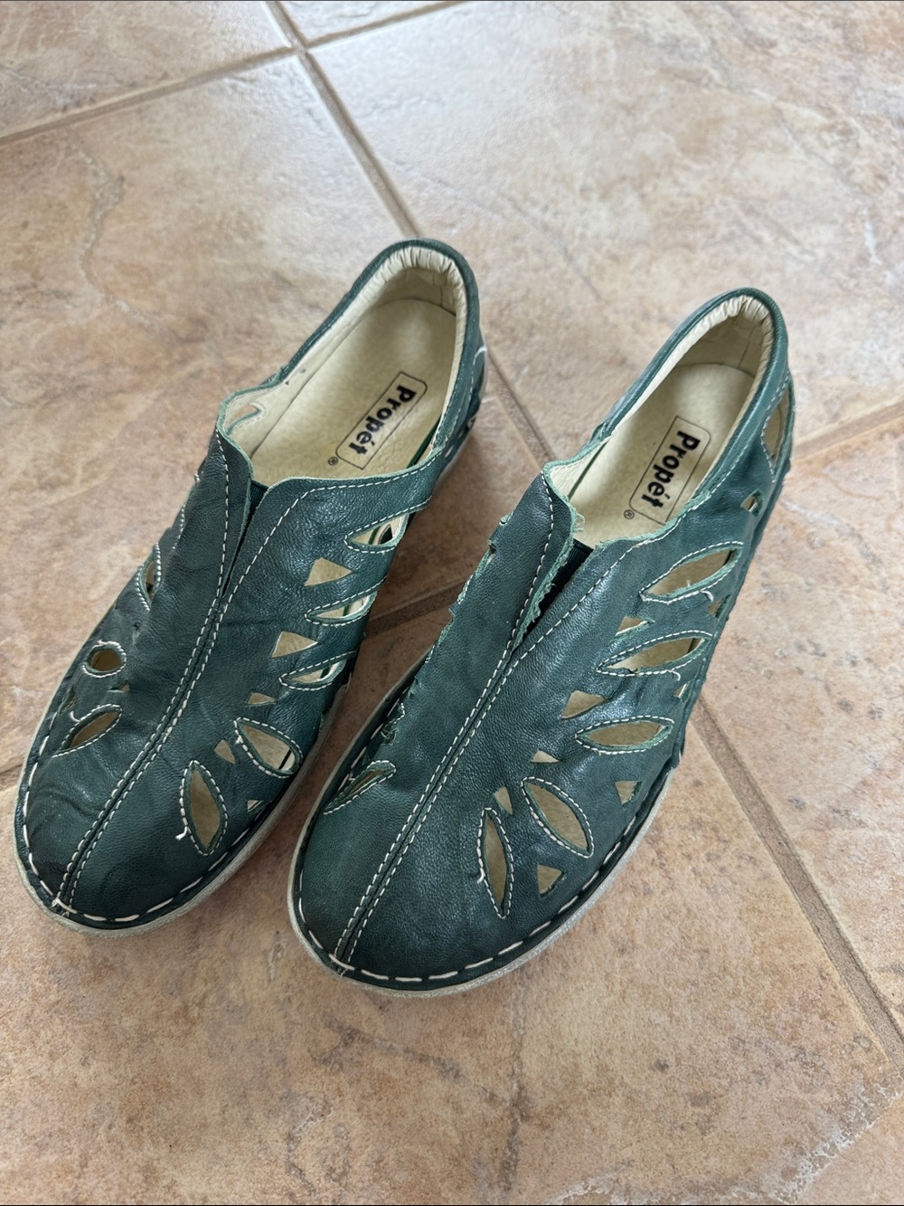 Propet Women's Teal Cutout Leather Slip-On Clogs